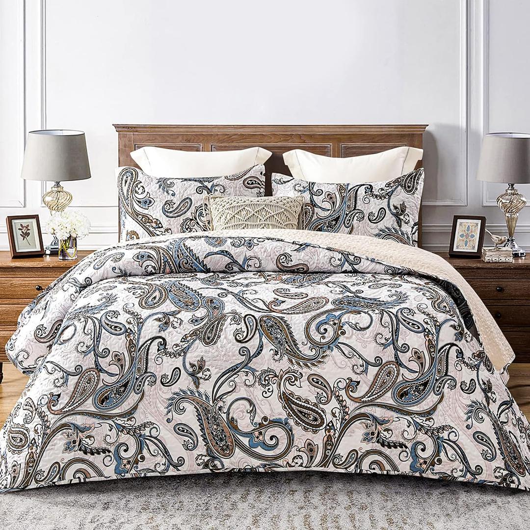 Whale Flotilla Reversible Printed Quilt King Size, Extra Soft Boho Paisley Floral Bedspreads for Bed Lightweight King Quilt Bedding Set Coverlets with 2 Pillow Shams for All Seasons, Bone Grey (King(96"x104"))