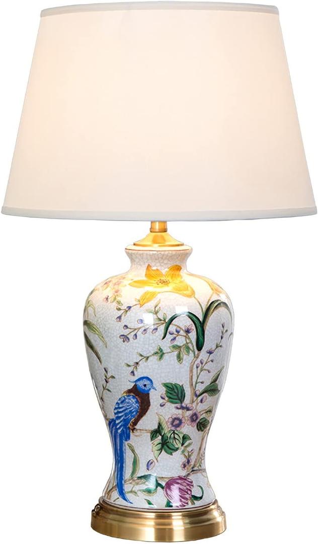 White Flower & Bird Ceramic Table Lamp,Hand-Painted Chinoiserie Lamp, Fabric Lampshade Nightstand Lamp for Bedroom Living Room Office College Bookcase