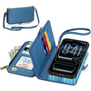 TUCCH Removable Crossbody Case Wallet for iPhone 17 Pro Max 6.9" 2025, Wireless Charging, RFID Blocking 10 Card Slots, Lanyard, Wrist Strap, Zipper Pocket, PU Leather, Stand Magnetic Cover, Light Blue