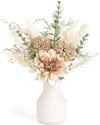 Mkono Small Artificial Flowers in Ceramic Vase 13.5" Centerpieces Coffee Table Decor, Silk Flower Arrangements for Home Decor Indoor Fake Flower Bouquet for Bathroom Dining Room Kitchen Wedding Brown