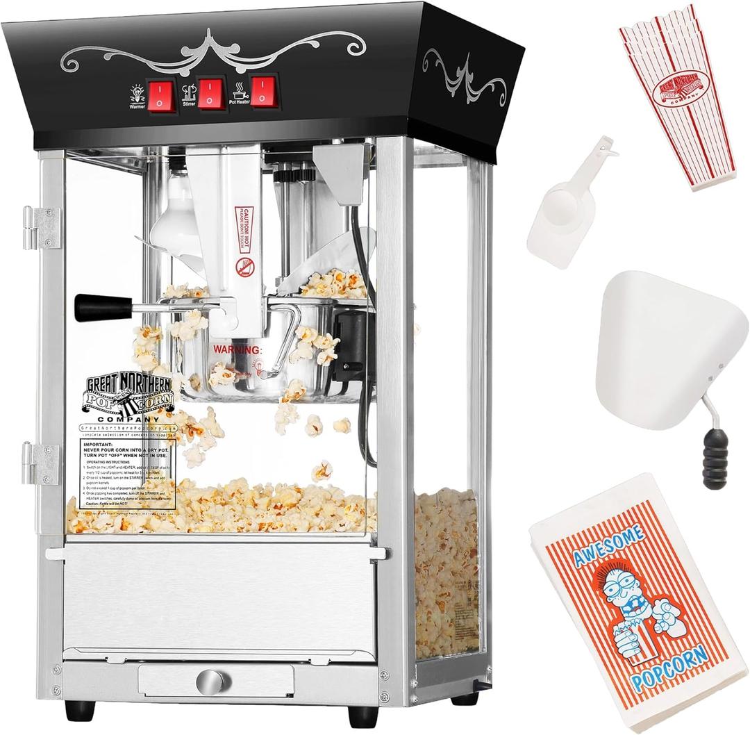 Matinee Popcorn Machine - 8oz Popper with Stainless-Steel Kettle, Reject Kernel Tray, Warming Light, and Accessories by Great Northern Popcorn (Black)