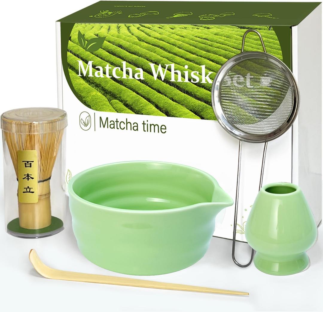 Vaiheng Matcha Whisk Set with Matcha Bowl, Matcha Whisk Holder Matcha Bamboo Whisk, Scoop, Sifter, Unique Gifts for Women Men Girl Friend Home Kitchen DecorLight Green