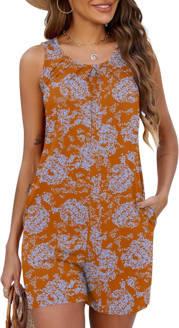 Ivicoer Rompers for Women Summer Casual Sleeveless Pleated Shorts Overalls Jumpsuits with Pockets (Medium, Caramel Floral)