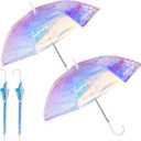 Dunzy 2 Pieces Holographic Wide Umbrella Adult Clear Iridescent Umbrella for Women Wedding Automatic Open Windproof Parasol, 39 Inch