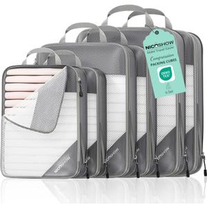NICOSHOW 6 Set Compression Packing Cubes for Travel - Compressible, Lightweight, and Space-Saving Packing Cubes, Travel Essentials for Women, Grey