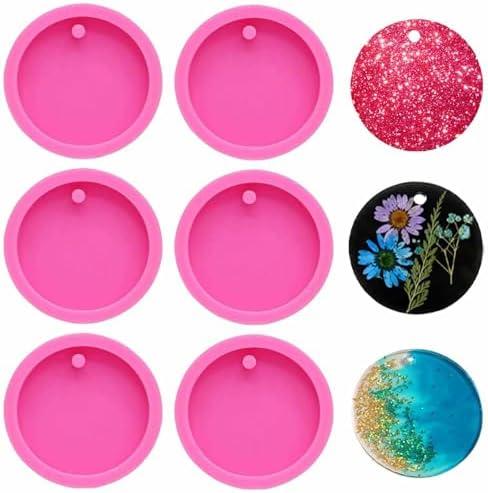 6 Pack Round Keychain Silicone Mold Flat Circle Keychain Charms Epoxy Resin Molds Casting Molds with Hole for DIY Earrings Pet Tag Christmas Ornaments Wedding Favor Jewelry Crafts Making (2 inch)
