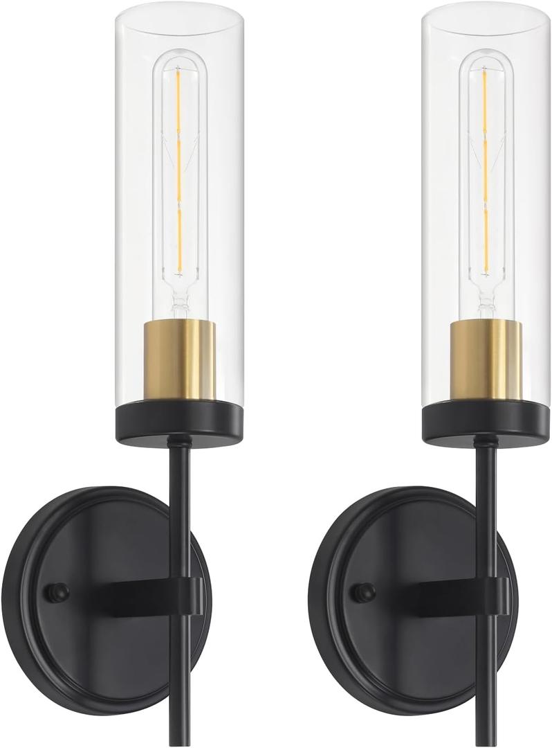 Modern Wall Sconces Set of 2, Black and Gold Bathroom Vanity Lights with Clear Glass, Sconces Wall Decor Set of 2, Hardwired wall Sconce Lighting, Indoor Wall Lights for Bedroom Living Room Hallway