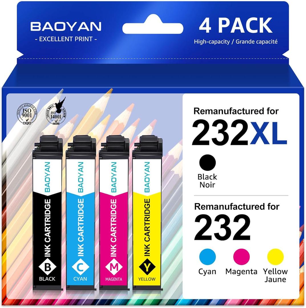 232XL Ink Cartridges for Epson Printer Remanufactured for Epson 232 Ink Cartridge Combo Pack for Expression Home XP-4200 XP-4205 Workforce WF-2930 WF-2950 XP4200 WF2950 (Black Cyan Magenta Yellow)