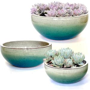 11 Inch 9 Inch 7 Inch Glazed Terracotta Plant Pot Round Ceramic Succulent Planter Pot with Drainage and Mesh Pads Cactus Clay Bonsai Pot Set of 3 (White and Green)