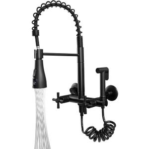 Wall Mount Kitchen Faucet 6 Inch Center, Commercial Kitchen Sink Faucet with Temperature Display Sprayer, High Arc 2 Handle Wall Mount Faucet, Matte Black