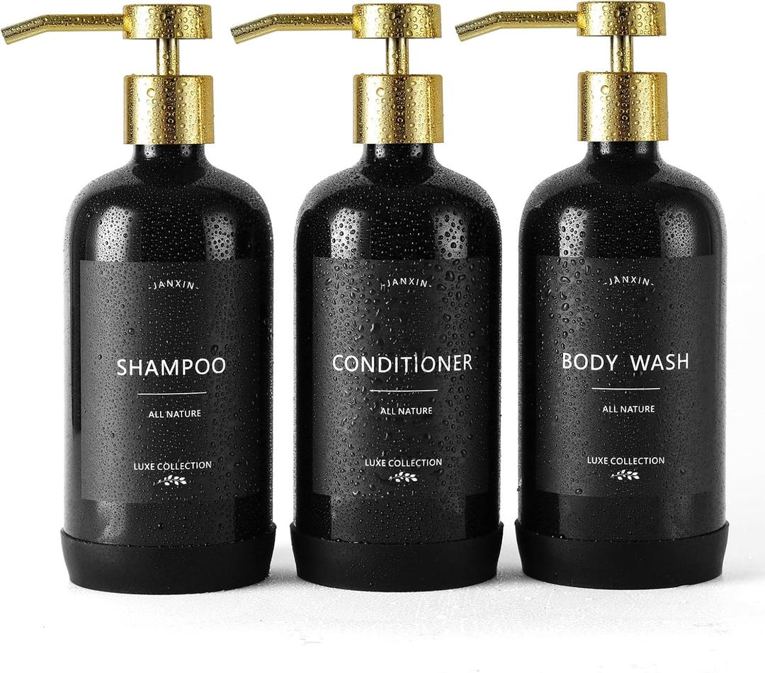Shampoo and Conditioner Dispenser Set of 3,Refillable 21oz Shampoo Bottles with Non-Slip Protective Silicone Pad,Shower Soap Dispenser with Waterproof Labels for Bathroom (Black)