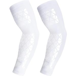 COOLOMG Football Compression Arm Sleeve with Stick Grips Forearm and Elbow Sun Protection Sleeve Kids Youth Adult (Small, White Pair)