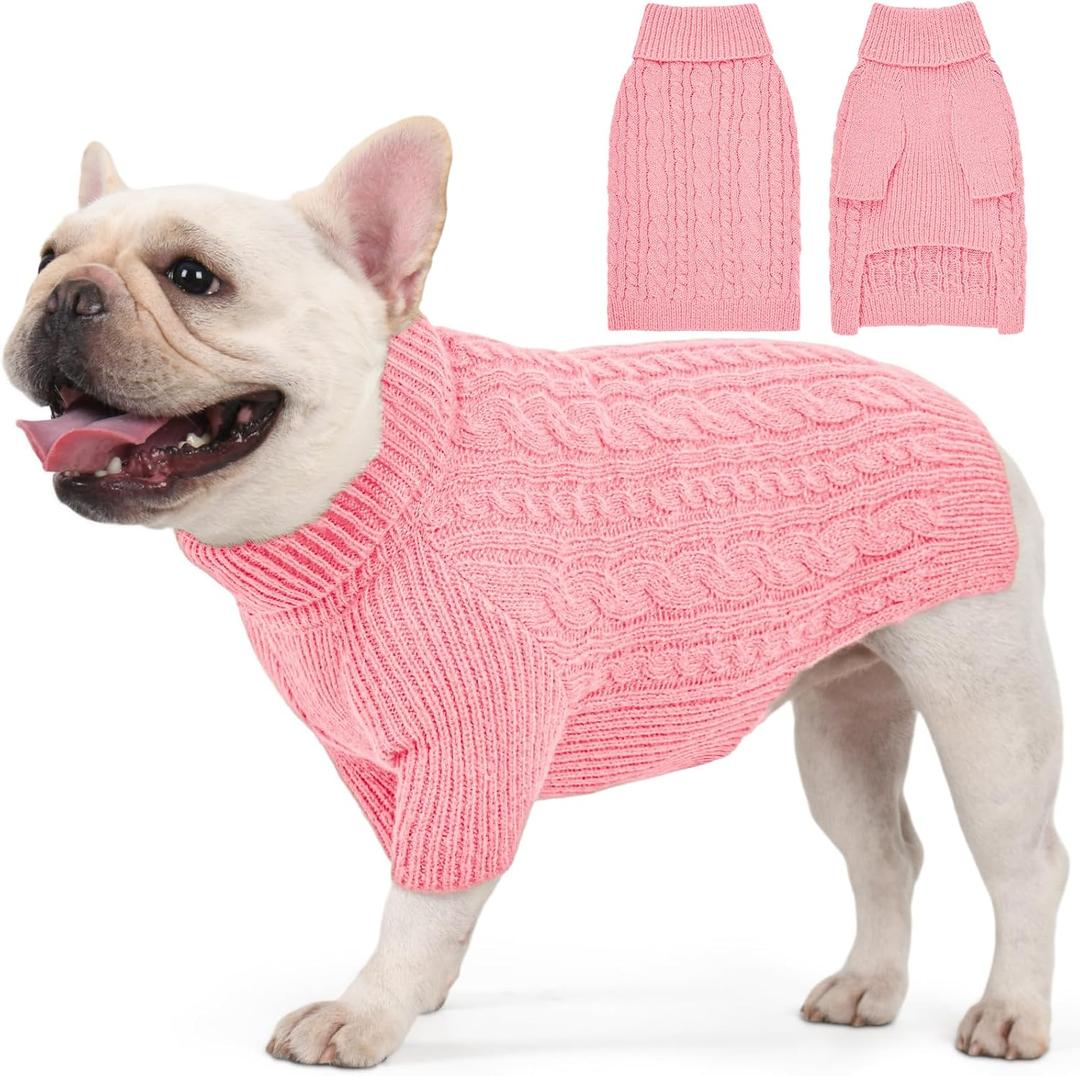 Dog Sweater for Medium Dogs Boys Girls Turtleneck Pullover Cable Knit Winter Stretch Clothes French Bulldog Dachshund Corgi Beagle with Long Sleeves (M, Pink)