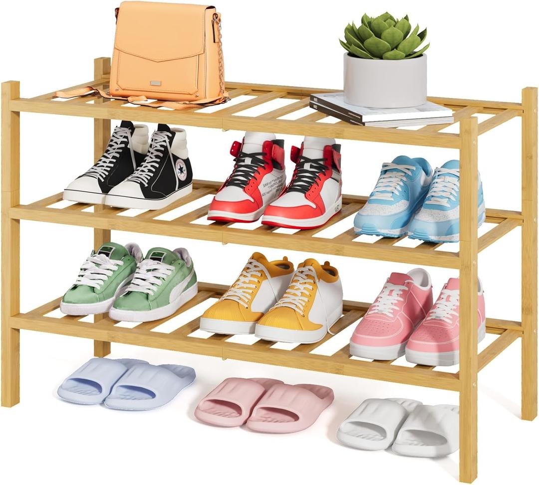 Kitsure Bamboo Wooden Shoe Rack for Closet - Stackable Shoe Organizer with Modular Structure, Space-Saving Shoe Shelf for Entryway, Living Room, Bedroom, 26.8" x 11" x 18.9", Natural (26.8"Wide - 3 Tiers, Nature)