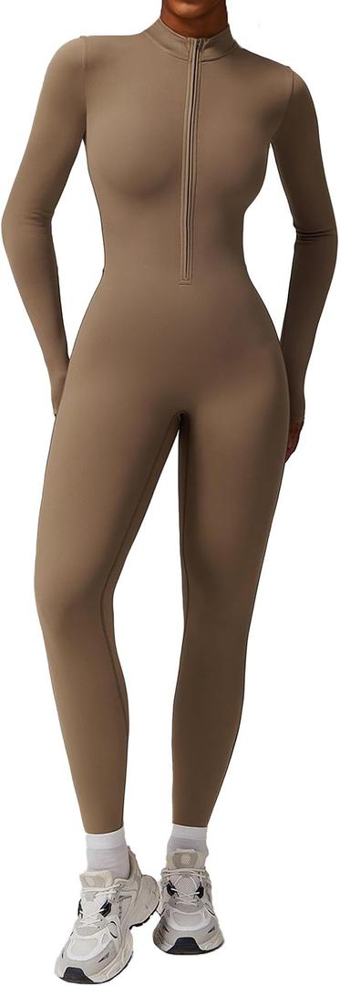 Women Long Sleeve Workout Jumpsuit Zip Front Sport Jumpsuits One Yoga Rompers Sexy Control One Piece Bodycon (Medium)