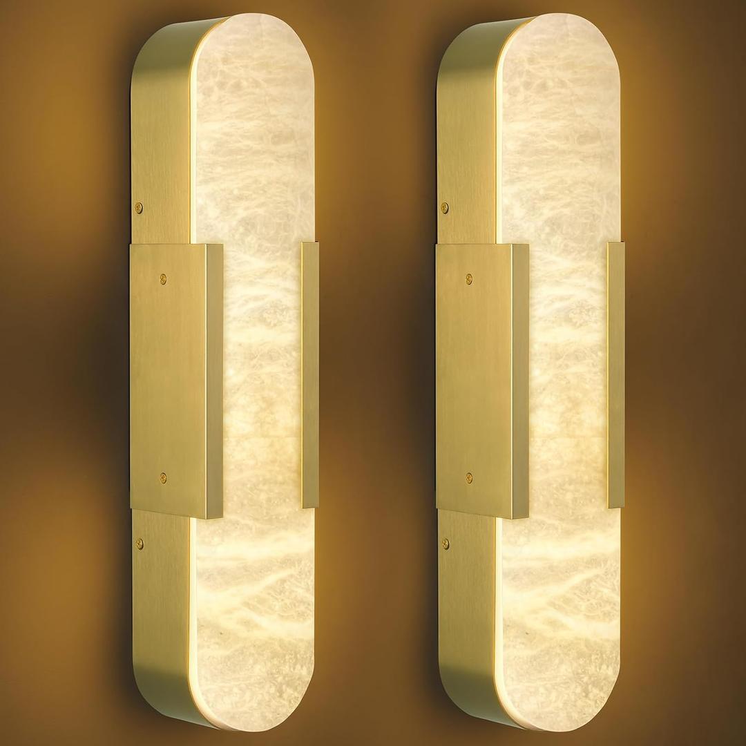 Alabaster Wall Sconce, 20" Natural Marble Wall Sconce, Brass Alabaster Sconces Set of Two, Indoor Modern Bathroom Sconces Wall Lighting for Living Room, Bedroom, Hallway, Stairs