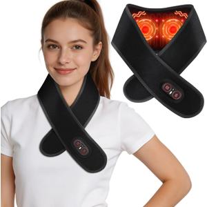 Neck Heating Pad for Pain - Heated Neck Wrap with Electric Massager, Cordless Heating Pad for Neck with 660nm & 850nm Red Light, Heated Neck Brace, 3000mAh, 3 Levels Heat & Massage