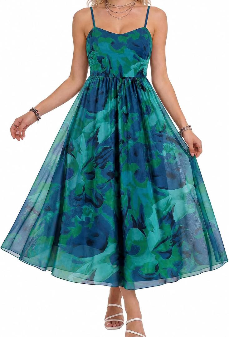Womens Floral Spaghetti Strap Maxi Dress Sheer Flowy A Line Dress (M)