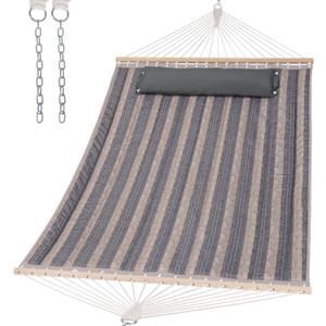 SUNCREAT Double Quilted Hammock with Hardwood Spreader Bar, Extra Large Soft Pillow, Heavy Duty 2 Person Hammock for Indoor, Outdoor, Gray Stripes
