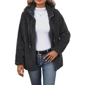 Vipwest Womens Fleece Jacket Fall Winter Full Zip Sherpa Coat with Hood S-5XL (XL, Vertical Striped Black Grey)