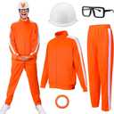 5 Pcs Halloween Men's Orange Tracksuit Set - Include Black Frame Glasses and White Hat Athletic Sports Gym Training Suits Classic Eyewear for Cosplay Party Daily Wearing
