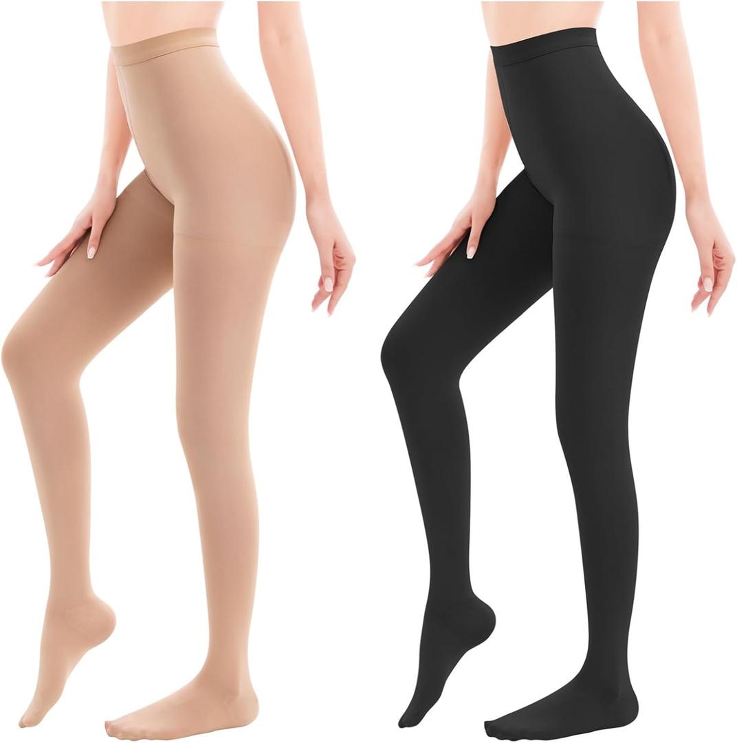 2 Pairs Medical Compression Pantyhose for Women,20-30mmHg Graduated Support Tights,Opaque Closed Toe High Waist (Small, Beige*1+Black*1)