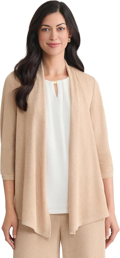 Kasper Women's Shimmer Knit Three Quarter Sleeve Cardigan (Beige, XS)