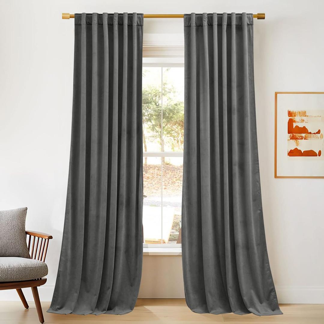 NICETOWN Grey Luxury Velvet Curtain Panels, Home Decoration Back Tab Window Treatment for Living Room/Bedroom/Home Theatre/Foyer Door/Sliding Glass Door/Dorm (2 Panel Per Pack, 96 inches Long)