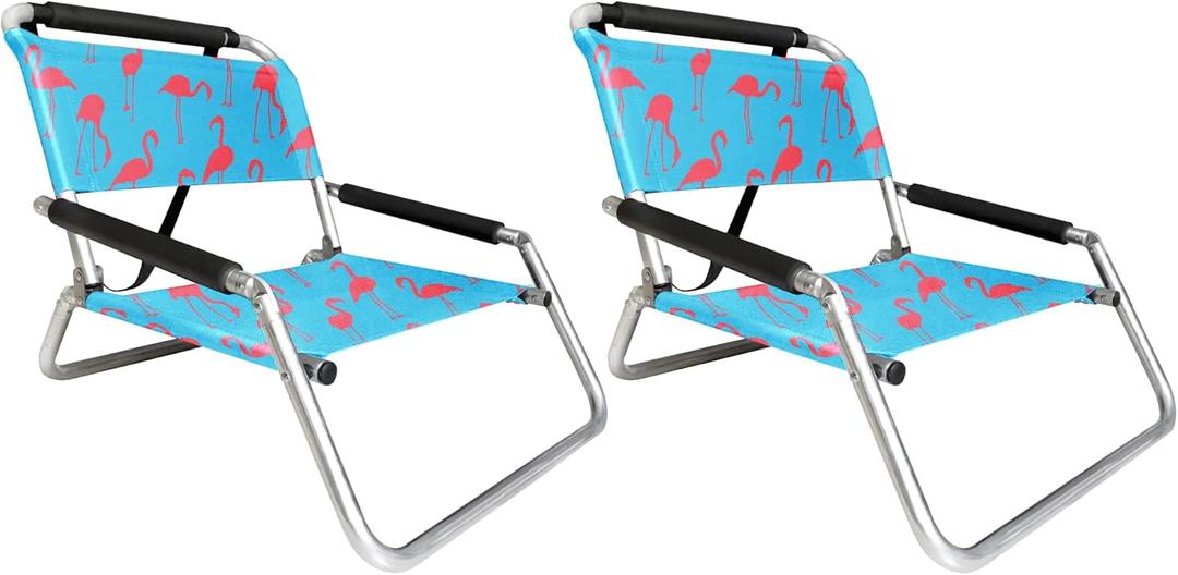Neso Beach Chairs - Lightweight, Portable and Foldable Recliner Beach Chairs for Park, Camping and Outdoor Adventures - with Slip Pockets and Shoulder Strap - 2 Pack - Flamingos - Regular