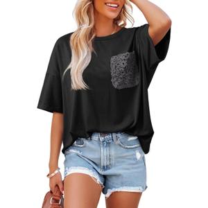 Dokotoo Womens Tops Cute Lace Summer Short Sleeves Oversized Casual T Shirts Lace Pockets (X-Large, Black)