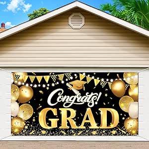 Graduation Party Decorations: 10x5ft Black Gold Large Graduation Party Banner, Congratulations Grad Background, Background Supplies, Garage Door Cover, Personalized Banner for Class of 2023 Student School, Black and Gold