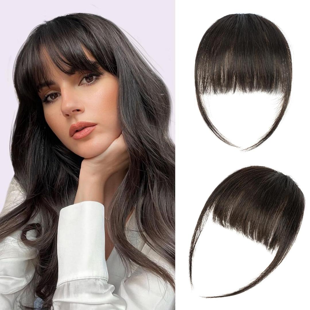 Yorda Bangs Hair Clip 100% Human Hair Clip in Bangs Fringe with Temples Wispy/French Bangs for Women Natural Looking for Daily Use (Wispy Bangs, Brown Black)