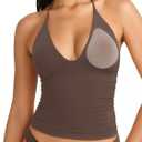 SUUKSESS Women Double Lined Halter Tank Top Summer Padded Deep V Neck Going Out Tops Sleeveless Basic Shirts (Brown, Large)