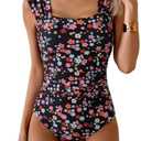 B2prity Womens One Piece Swimsuit Retro Square Neck Tummy Control Bathing Suits Ruched Modest Full Coverage Swimwear L