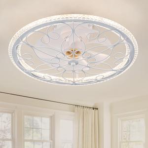 NORFOLK 20'' Ceiling Fans with Lights and Remote, Low Profile and Flush Mount Modern Lighting Fan, Bladeless Caged Fandelier, 6 Speeds and 3 Colors LED Light (White)