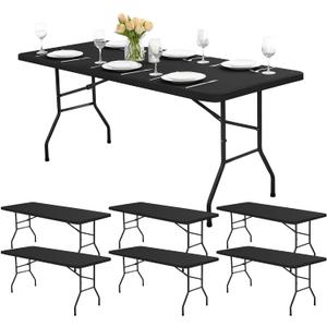 Fitted Tablecloths for 8-Foot Rectangle Tables - 6 Pack Outdoor Picnic Table Covers with Elastic, Washable Folding Table Protector for Party Banquet Graduation, 30x96 Inch, Black