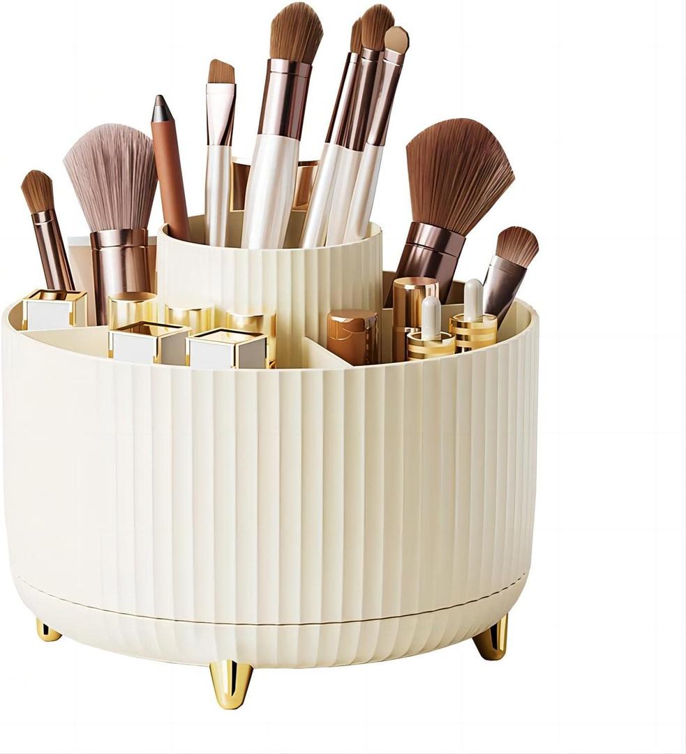 DASITON Large Capacity Makeup Brush Holder,360 Rotating Makeup Organizer,5 Slot Makeup Brushes Cup, for Vanity Decor, Bathroom Countertops, Desk Storage Container, Cosmetic Display cases(Cream)