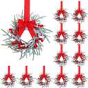 Giegxin 12 Pcs Vintage Small Christmas Wreath for Cabinet Mini Kitchen Wreath with Red Berry Realistic Norfolk Farmhouse Decoration for Xmas Window Indoor Chair Fireplace Porch Candle Decor (No Bows)