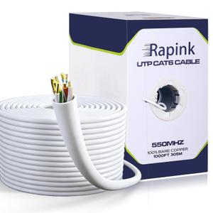 Rapink Cat6 Ethernet Cable 1000ft, Cat6 ethernet Cable 23AWG Solid Bare Copper 10G Support, UTP cat6 Cable 550MHZ, cat 6 Cable 1000ft POE Support White