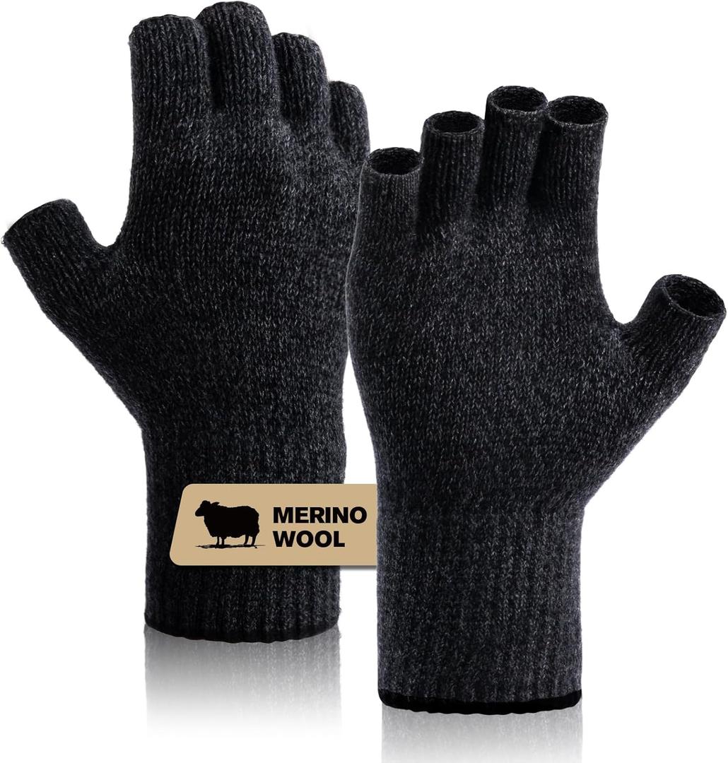 Merino Wool Fingerless Gloves for Men Women Half Finger Gloves Thermal Soft Knit Liner for Hunting Fishing Hiking (Small-Medium, Black Gray)