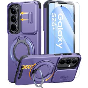 JAME for Samsung Galaxy S26+ Plus Case, Ring Holder Stand Kickstand, Slide Camera Cover with Screen Protector, Dual-Layer Shockproof Protective, Magnetic Accessory Friendly S26 Plus Phone Case, Purple