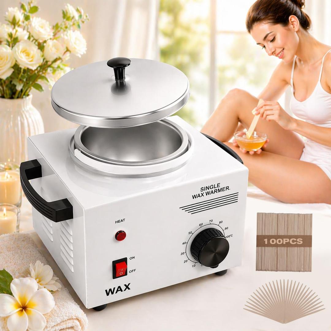 Podoy Wax Warmer for Hair Removal, Professional Single Wax Warmer Pot Melter Heater with Adjustable Temperature Set, Home Spa & Salon Electric Waxing Machine with 200pcs Sticks (16 Ounce, White)