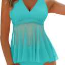 Women's Tankini Sets Tummy Control Flowy Mesh Top Full Coverage High Waisted Bottom V Neck Two Piece Swimsuits (Blue, XL)