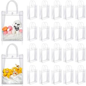 Saintrygo Clear PVC Gift Bags with Handles Reusable Plastic Wrap Tote Transparent Shopping Bags for Christmas Party Favors Weddings Merchandise Retail Small Business, 9 x 6.7 x 2.6 Inches(100 Pieces)