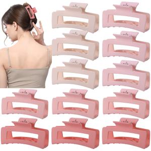 12 Pcs Pink Medium Hair Claw Clips for Women, 3.5 Inch Matte Square Jaw Clips, Strong Hold Non-Slip Hair Clips for Thick and Thin Hair