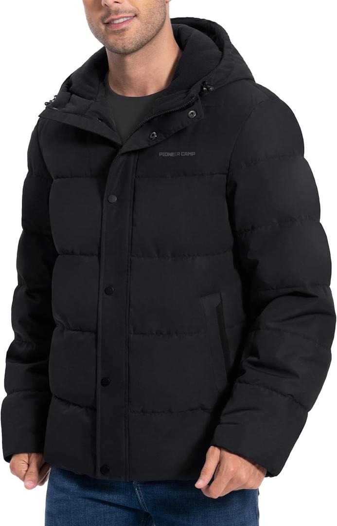 Pioneer Camp Mens Winter Coat Warm Winter Puffer Jacket Waterproof Thicken Insulated Windproof Hooded Down Quilted Coat (Small, Black-1)