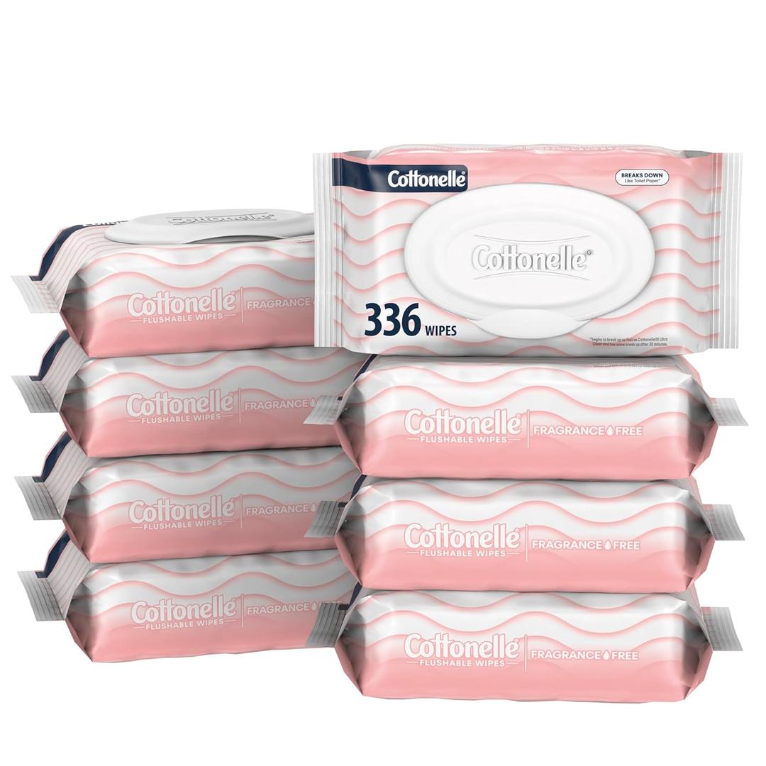 Cottonelle Fragrance Free Flushable Wet Wipes, Adult Wet Wipes, 8 Flip-Top Packs, 42 Wipes Per Pack