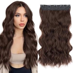 S-noilite One Piece Clip in Hair Extensions Synthetic Curly Wavy Thick Hairpieces for Women 3/4 Full Head Medium Brown Clip ins Hair Extensions 24 Inch(#10B,1pcs)