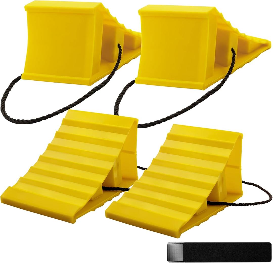 4 Pack Wheel Chocks, Heavy Duty Non Slip Wheel Chocks with Rope, Plastic Hard Wheel Stoppers Block for Camper Cars, RV Trailer, Trucks (Yellow)
