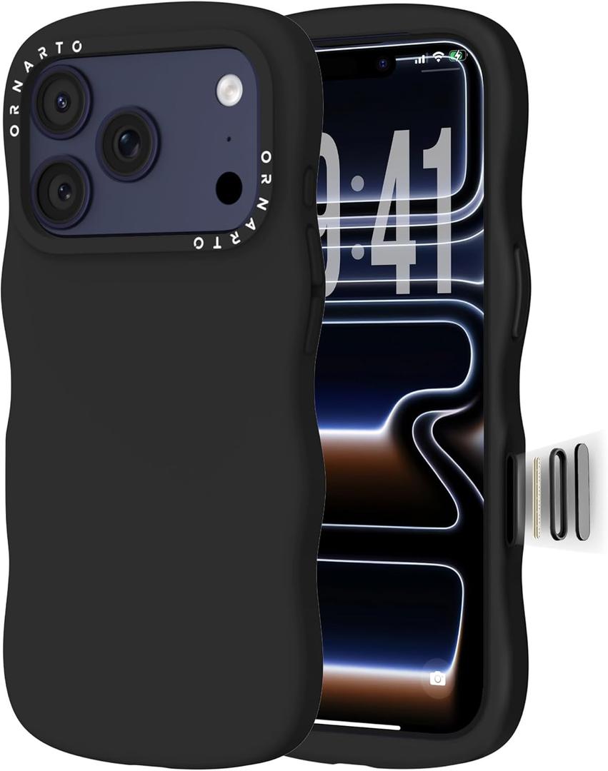 ORNARTO for iPhone 17 Pro Case 6.3", Wavy Liquid Silicone Shockproof Drop Protection Cover with Camera Control Button, Skin-Friendly Microfiber Lining  Black
